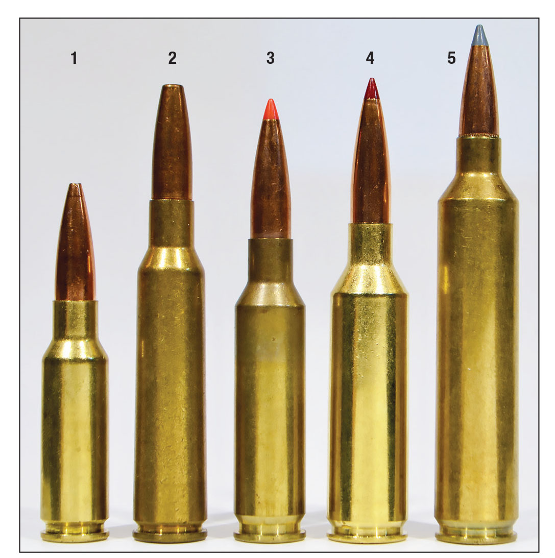 A history of 6.5s: (1) 6.5 Grendel (2003), (2) 6.5x55 (1894), (3) 6.5 Creedmoor (2007), (4) 6.5 PRC (2018), (5) .26 Nosler (2013). The 6.5 PRC is middle-of-the-pack in terms of case capacity and velocity, but has already established a sterling reputation for accuracy.